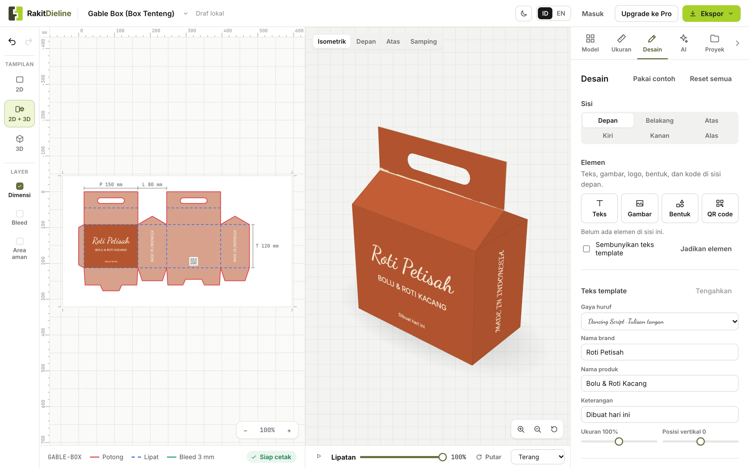 Studio RakitDieline: dieline 2D, pratinjau 3D, dan panel desain